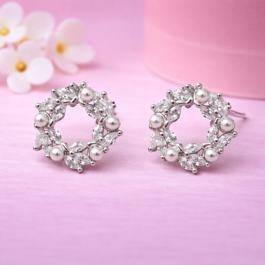 Pearl Laurel Circle 925 Sterling Silver Earrings