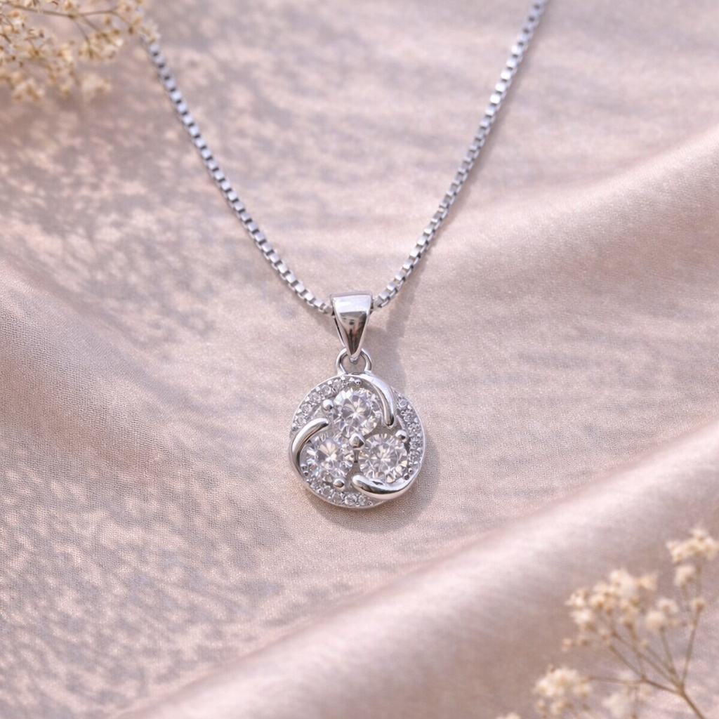 Trio Halo 925 Sterling Silver Necklace